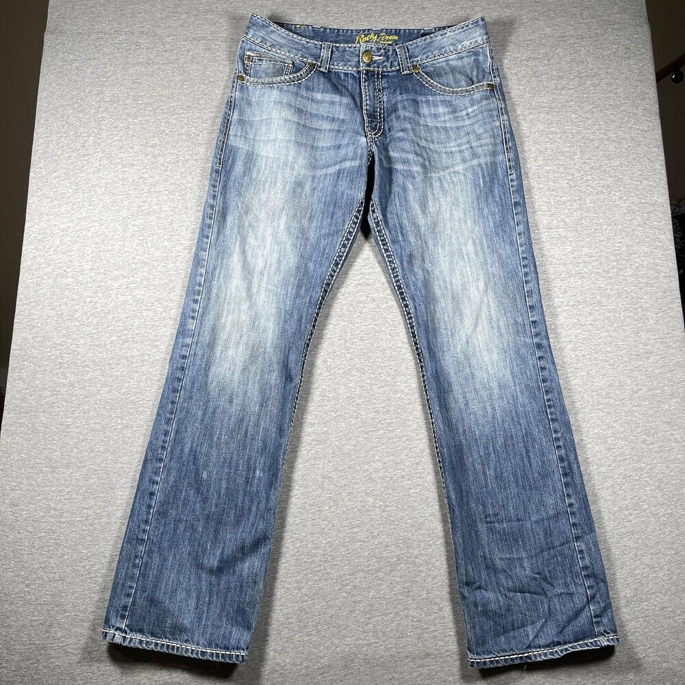 Wrangler Rock 47 Jeans Mens 36x36 Blue Light Wash Bootcut Relaxed Distressed